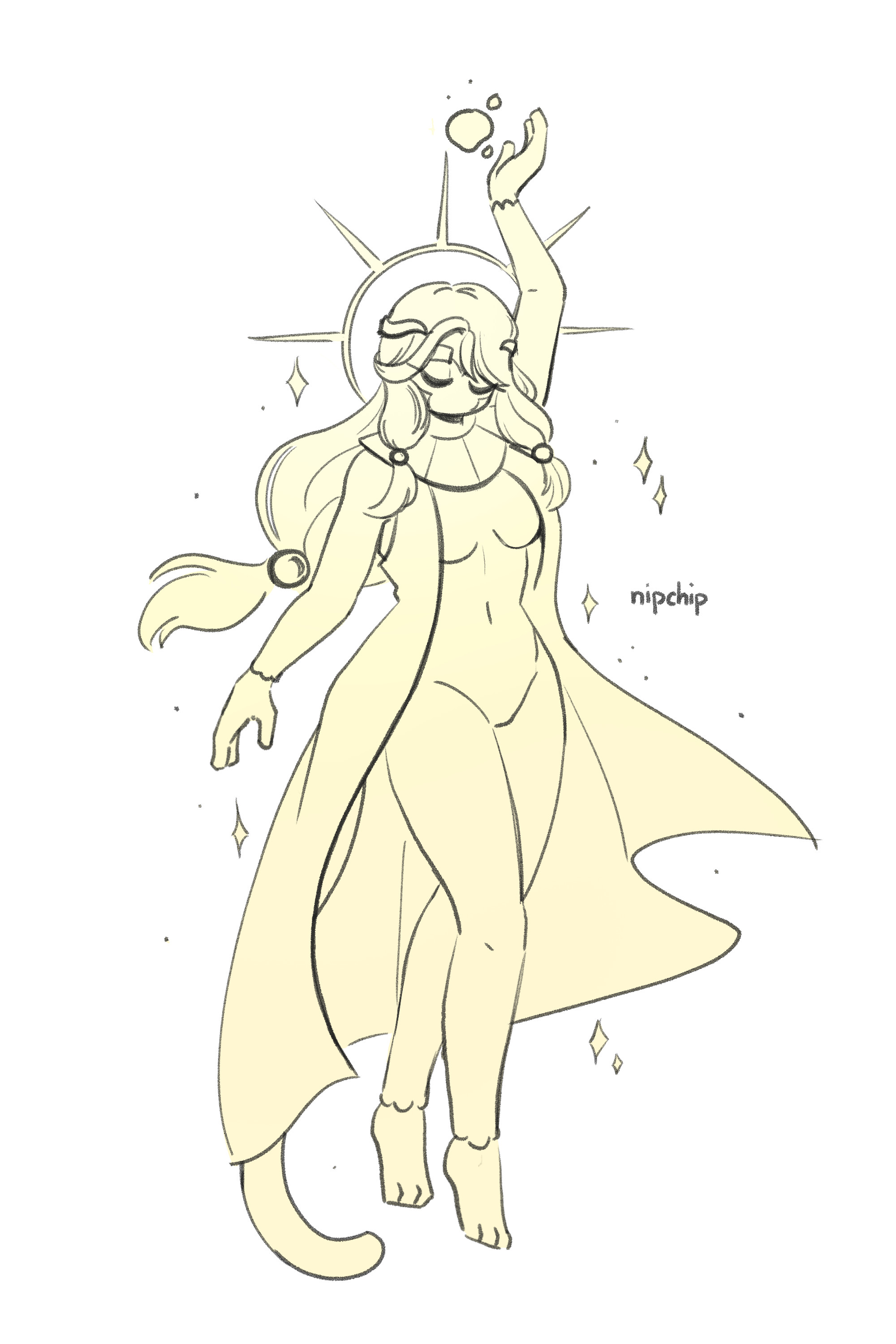 The sun priestess in a graceful pose. One arm is raised above her head with sun energy. Around her head is a sun halo.